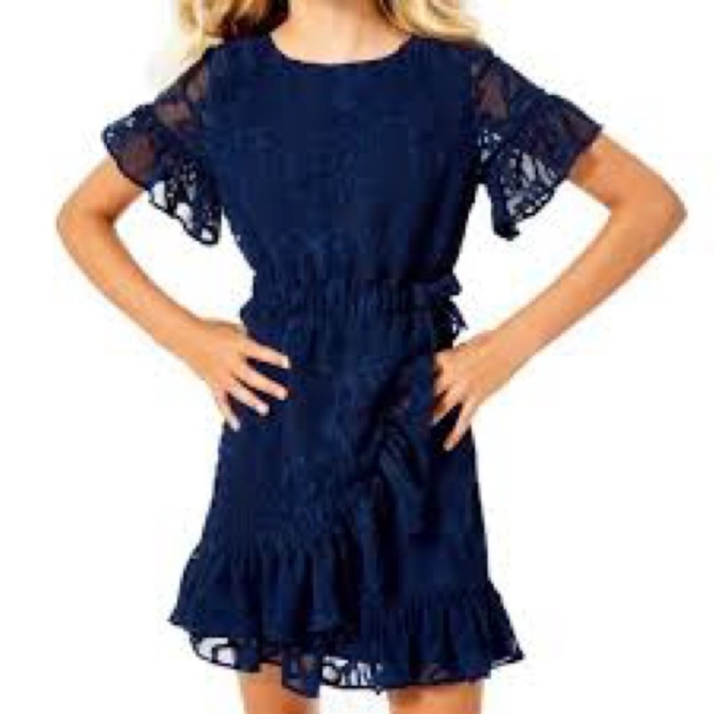 Lilly Pulitzer Sz 12 Navy Lace Party chiffon flutter sleeves  ruffled hem